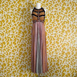 Anthropologie Maxi Halter Boho Dress with Open Back / Jewel Detail - S/M